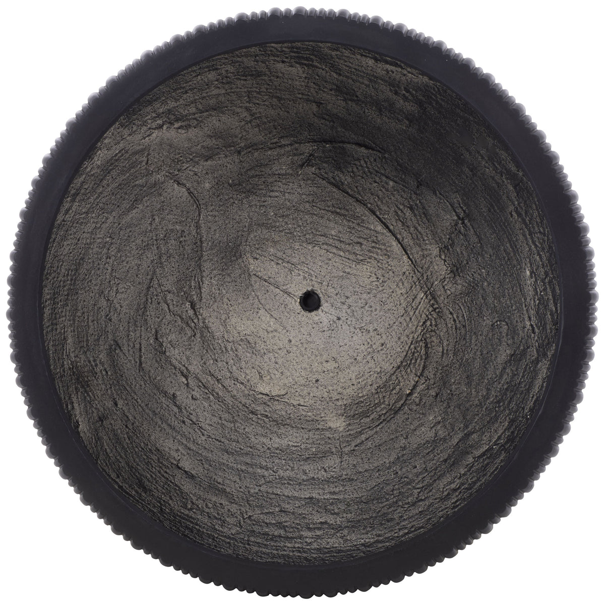 The black planter's broad basin reveals a central drainage hole within a textured interior. || PAT4602A-SET3 || top_partial_studio