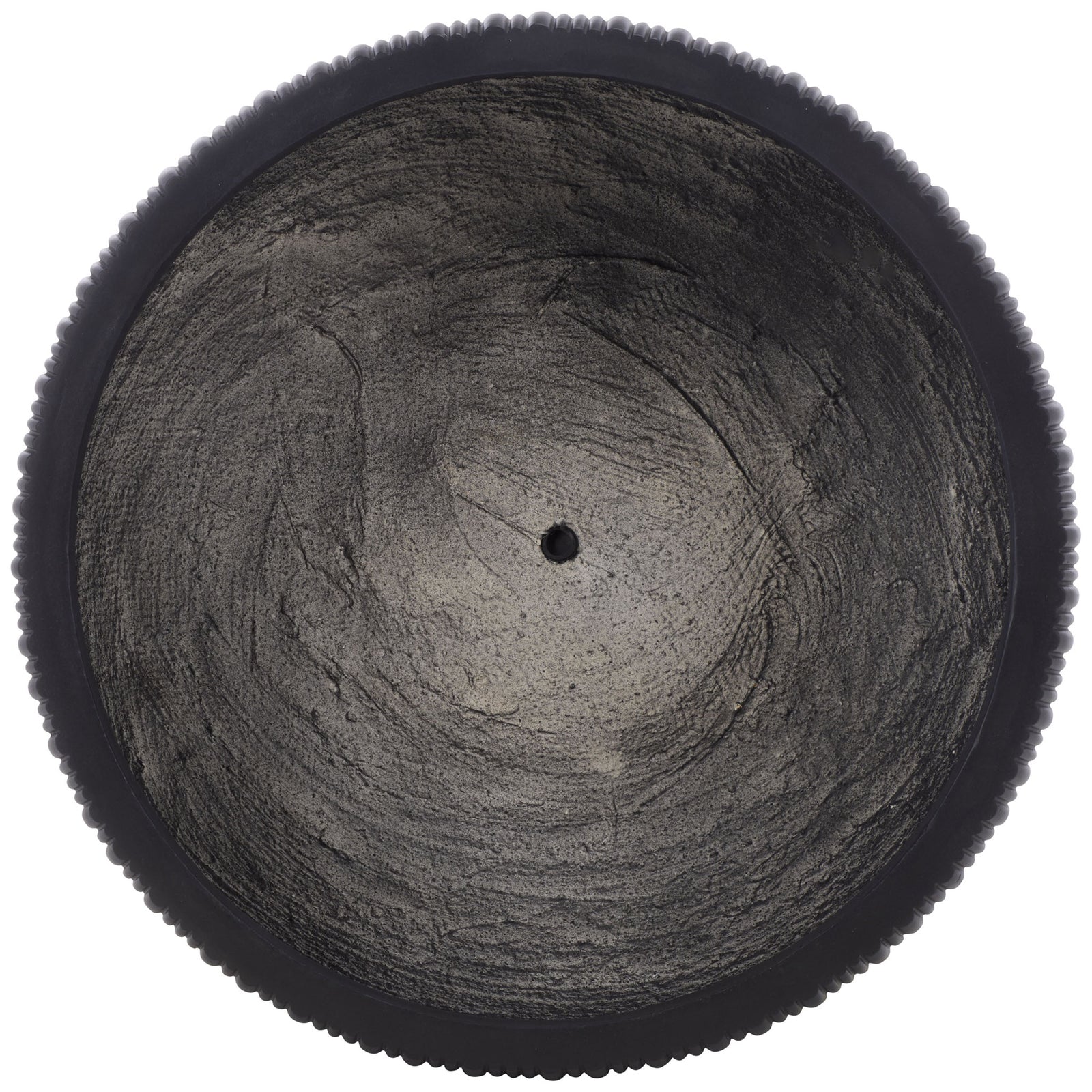 The black planter's broad basin reveals a central drainage hole within a textured interior. || PAT4602A-SET3 || top_partial_studio