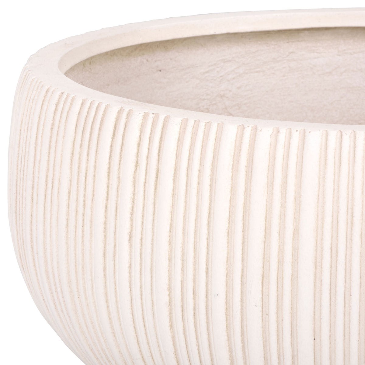 A thick beige rim tops a softly curved bowl with delicate vertical ridges.