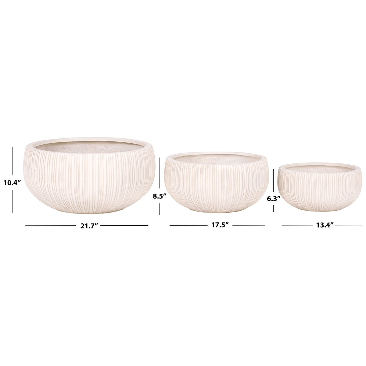 Three beige planters span 13.4 to 21.7 inches in width and 6.3 to 10.4 inches in height. || PAT4602B-SET3 || dimension_studio