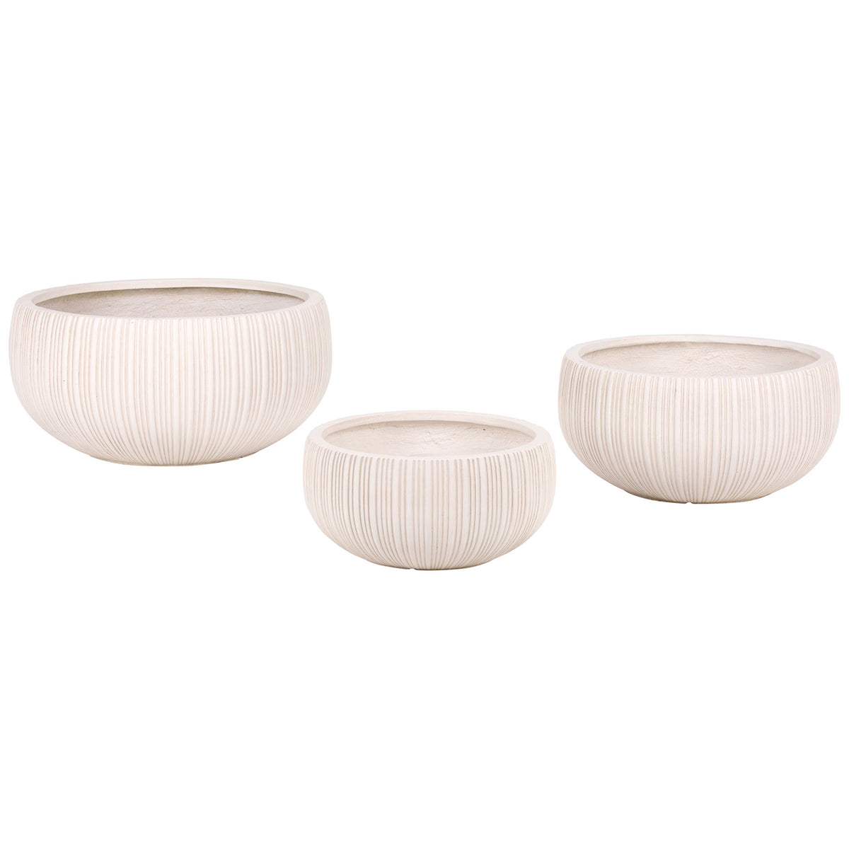 A trio of beige fiber clay planters pairs rounded bowl shapes with finely ribbed sides. || PAT4602B-SET3 || front_studio