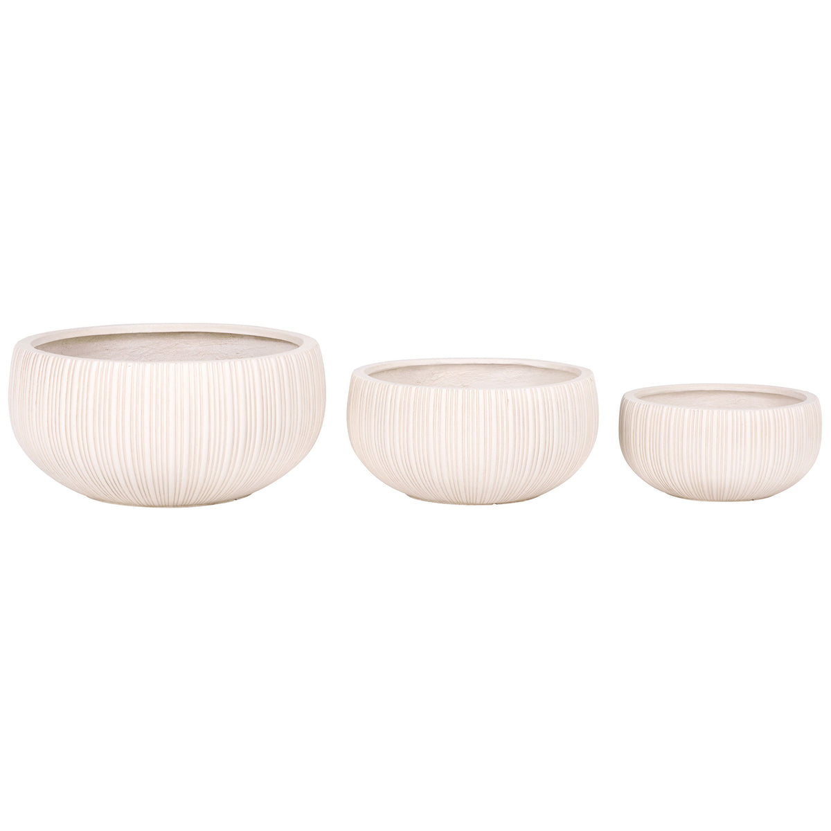 Large, medium and small beige planters offer graduated sizes and sculpted vertical ribs. || PAT4602B-SET3 || side_studio