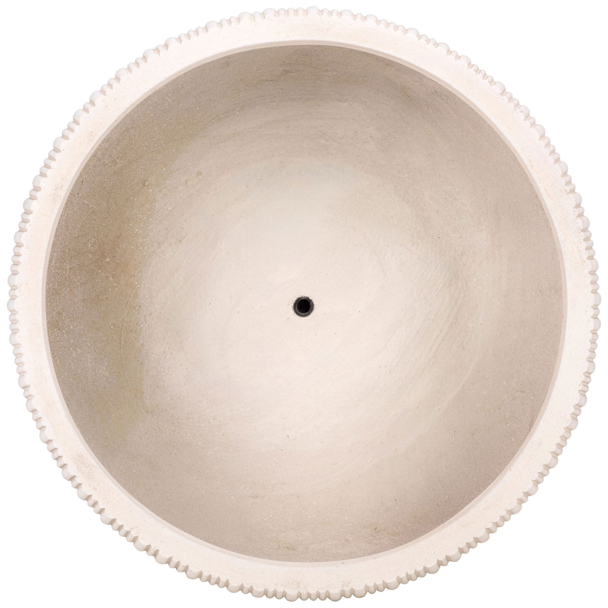 A wide beige planter basin features a centered drainage hole and gently curved interior. || PAT4602B-SET3 || top_partial_studio