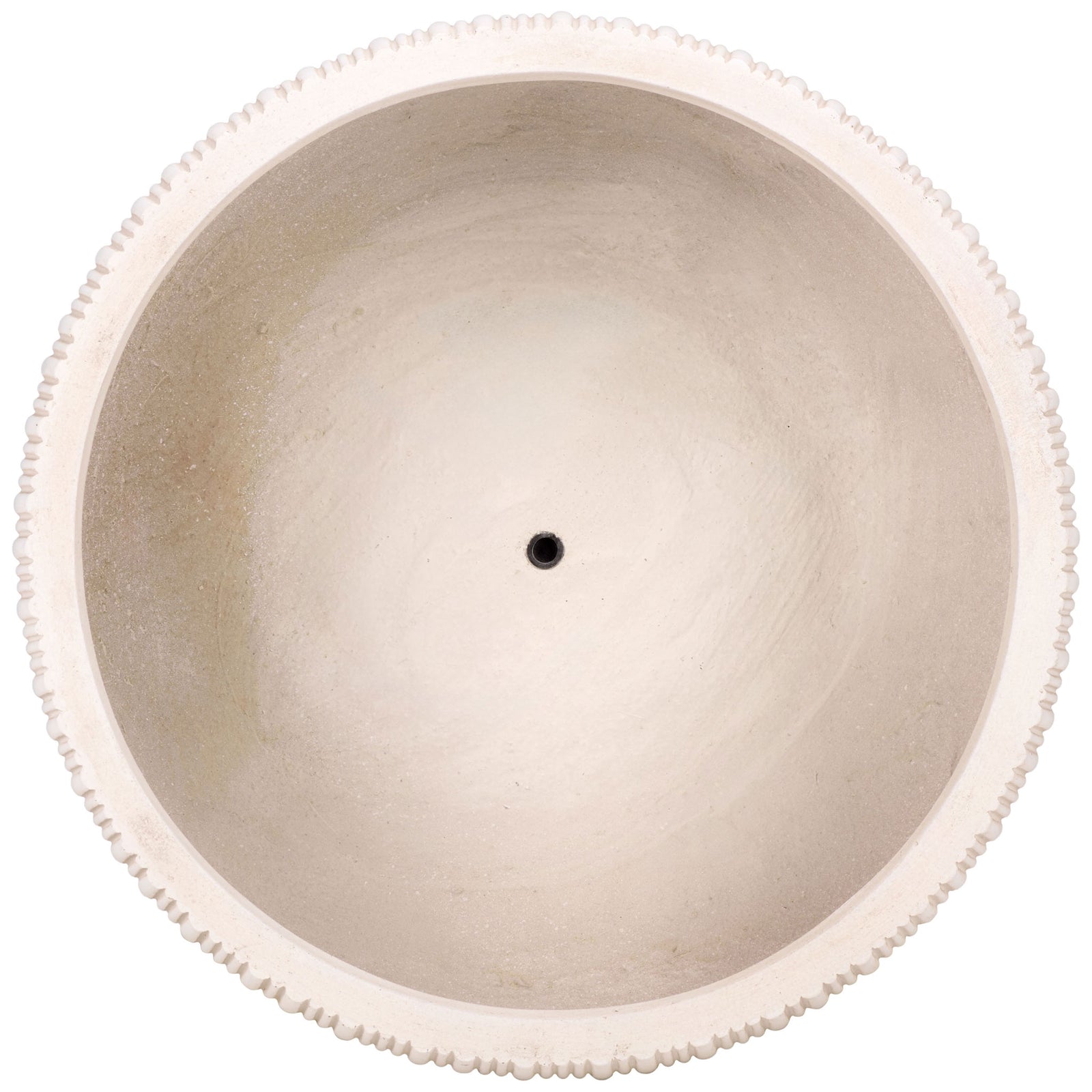 A wide beige planter basin features a centered drainage hole and gently curved interior. || PAT4602B-SET3 || top_partial_studio