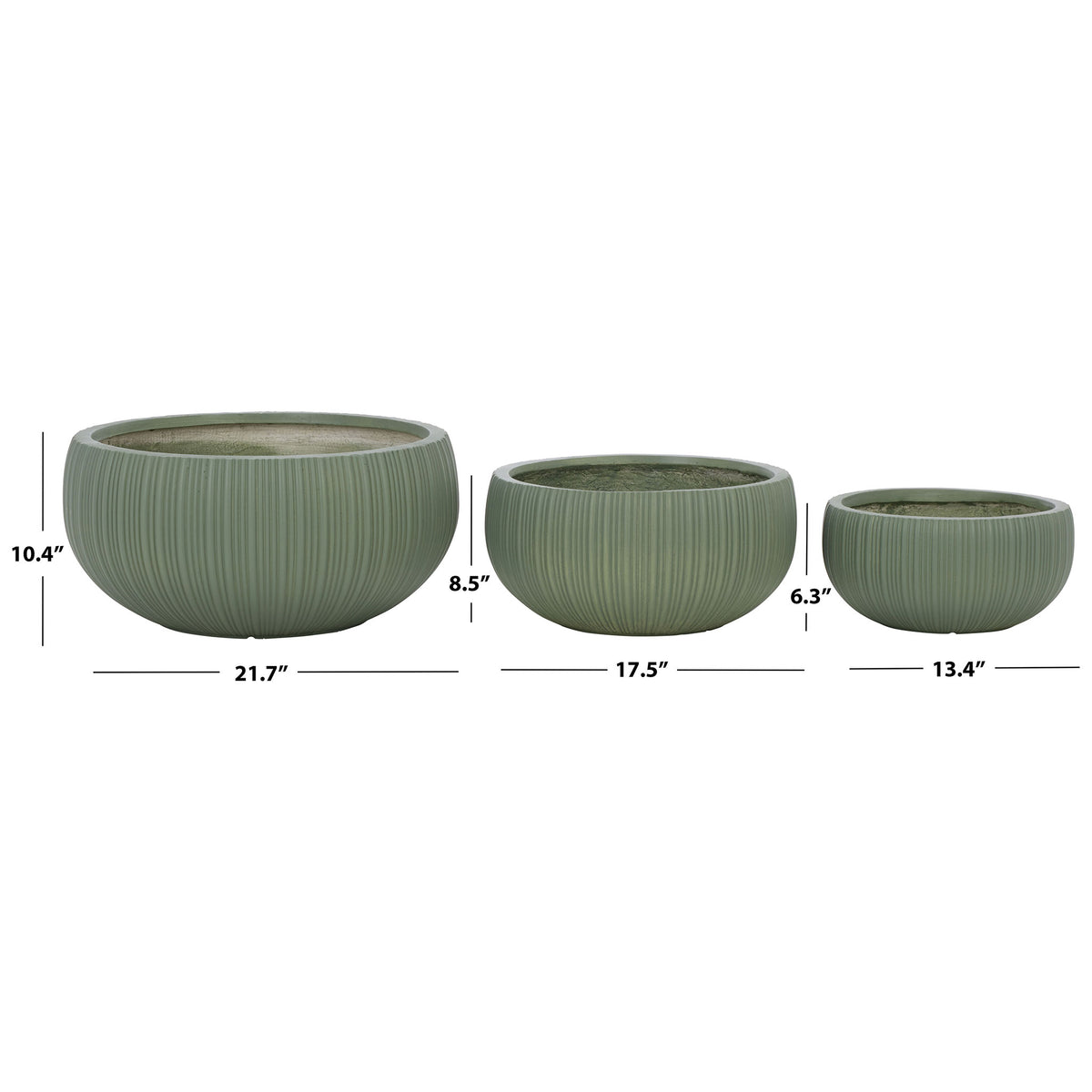 Green planters measure 13.4, 17.5 and 21.7 inches wide for a graduated trio. || PAT4602C-SET3 || dimension_studio