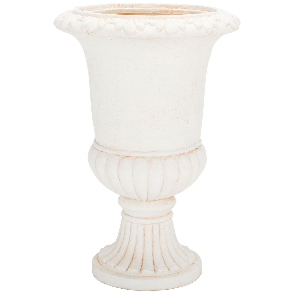 Off-white urn planter combines a raised leafy rim, ribbed bowl, and fluted pedestal. || PAT5037A || front_studio