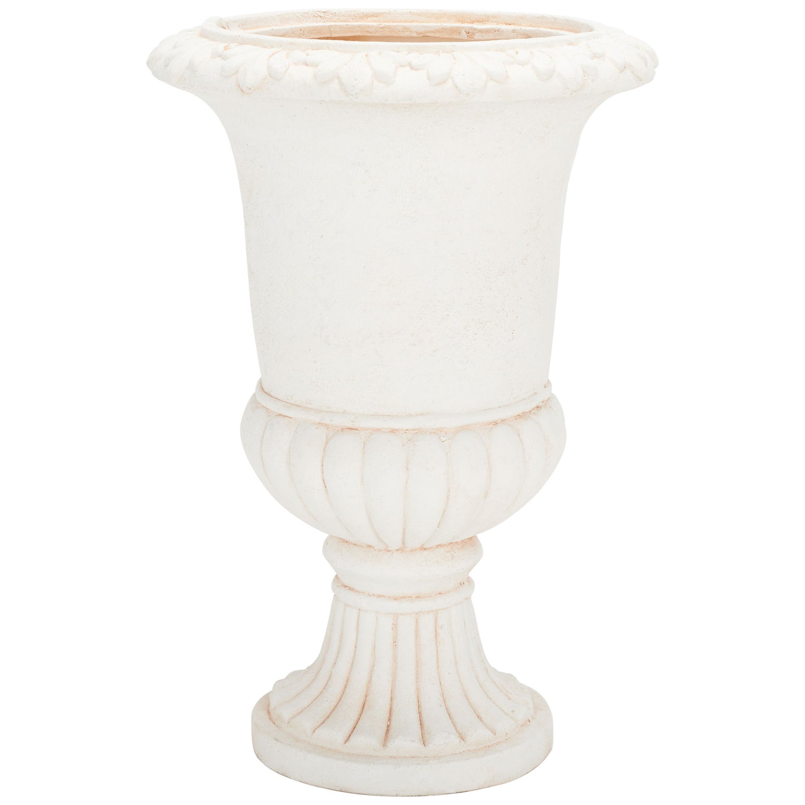 Off-white urn planter combines a raised leafy rim, ribbed bowl, and fluted pedestal. || PAT5037A || front_studio