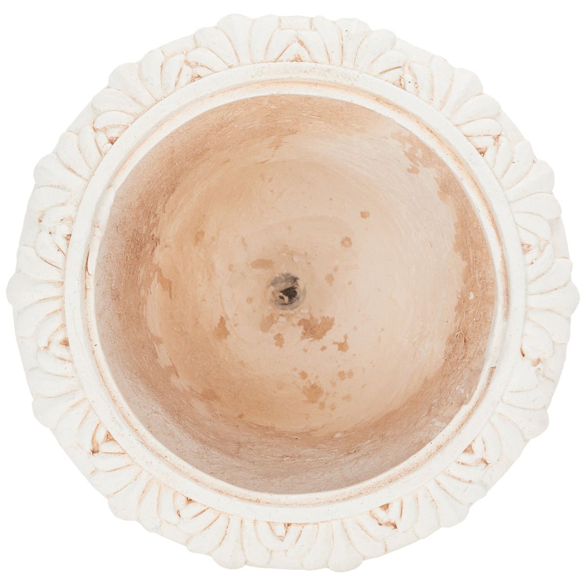 Off-white leafy rim circles a warm-toned planting bowl with a central drainage opening. || PAT5037A || top_studio