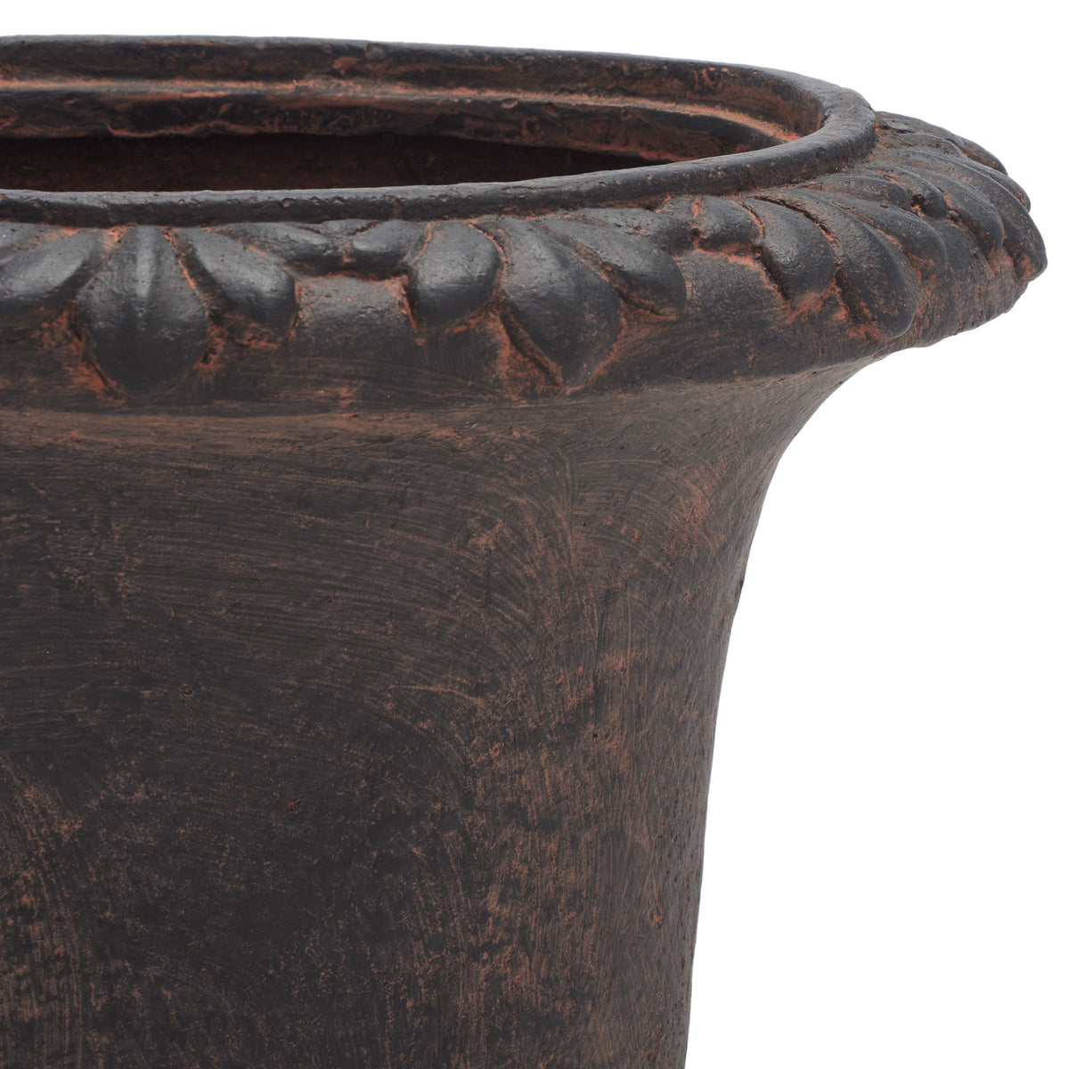 Raised leaf detailing rings the broad lip in an antiqued brown finish. || PAT5037B || detail_studio