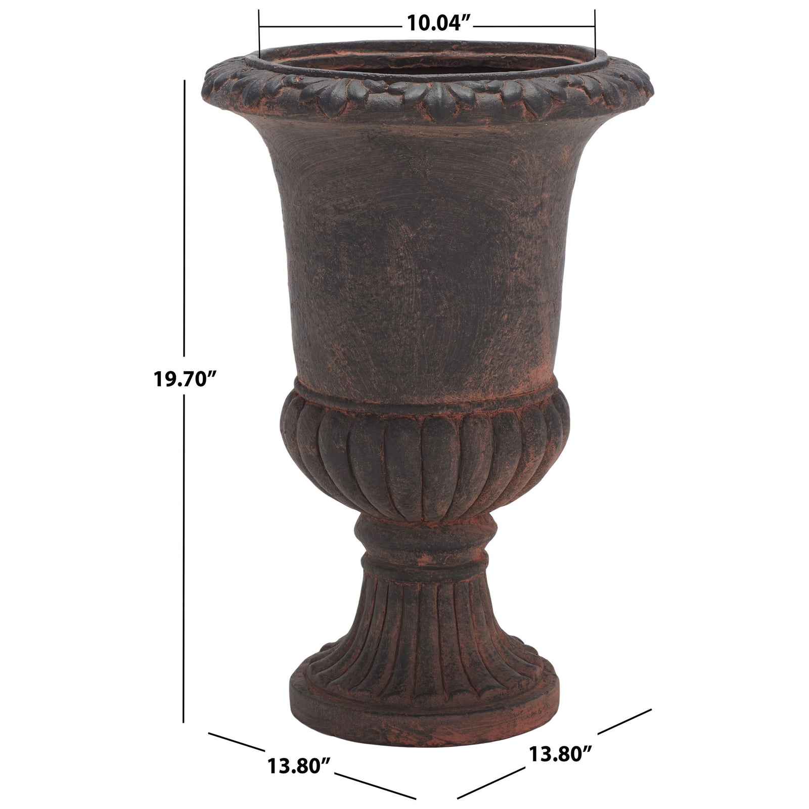 Brown urn planter stands 19.7 inches tall, measures 13.8 inches across, and has a 10.04-inch opening. || PAT5037B || dimension_studio