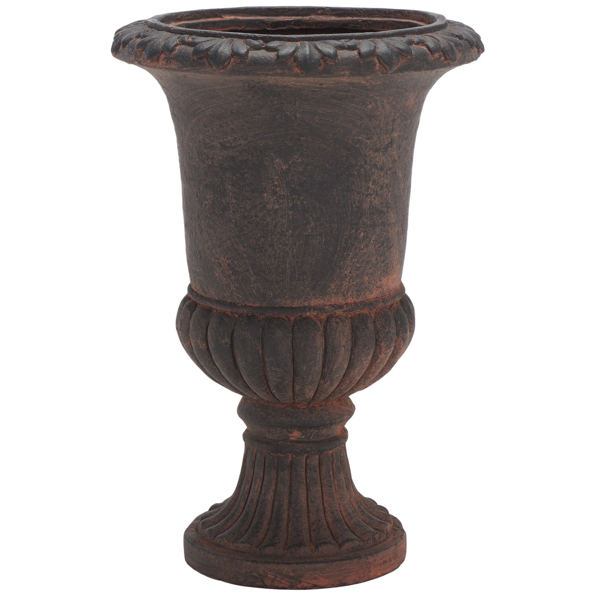 Antiqued brown urn planter pairs a leaf-carved rim with a ribbed lower bowl and fluted foot. || PAT5037B || front_studio