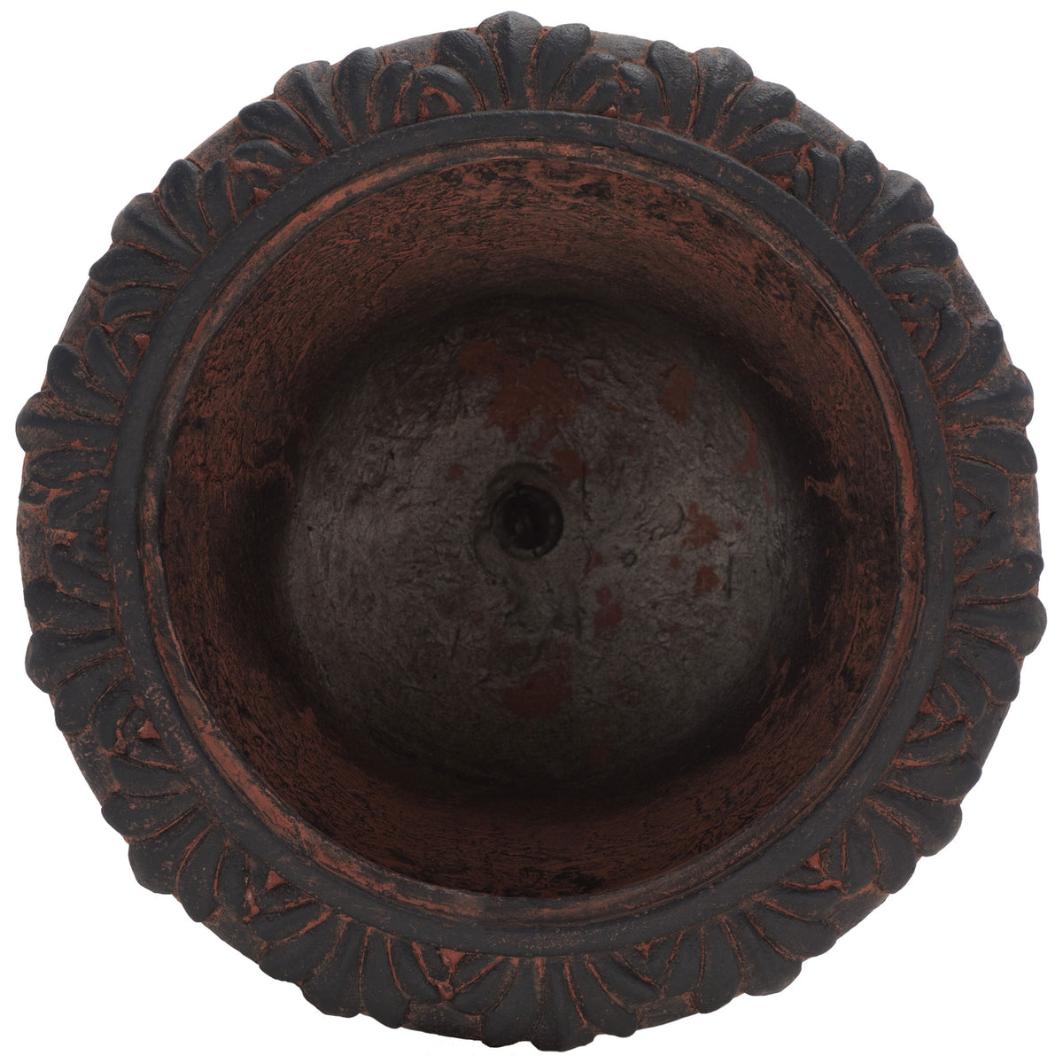 Brown weathered finish outlines a spacious planting bowl with a drainage opening and leafy relief. || PAT5037B || top_studio