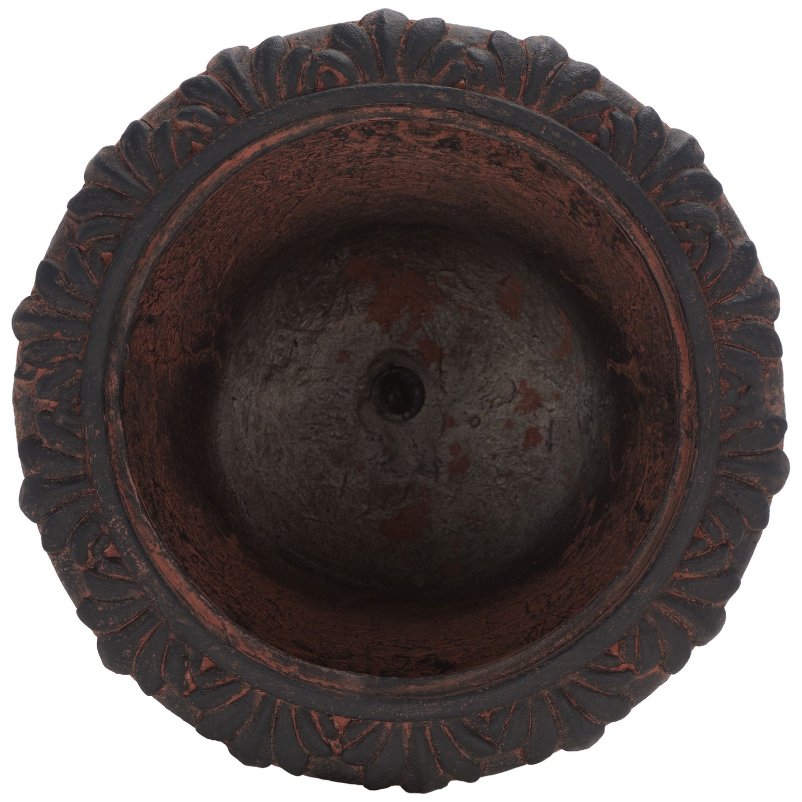 Brown weathered finish outlines a spacious planting bowl with a drainage opening and leafy relief. || PAT5037B || top_studio
