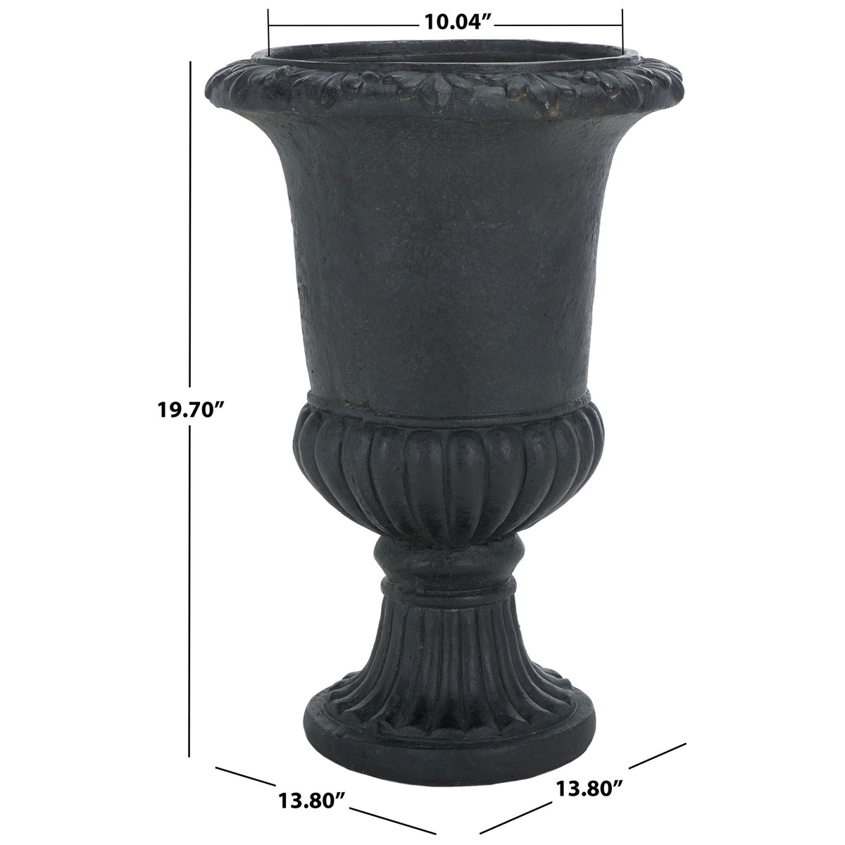 Black urn planter has a 10.04-inch opening and measures 13.8 inches across by 19.7 inches tall. || PAT5037E || dimension_studio