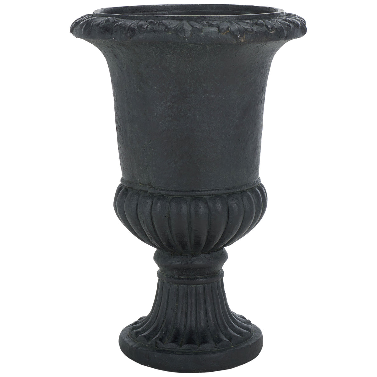 Classic black urn planter features a carved leafy rim, ribbed bowl, and fluted pedestal base. || PAT5037E || front_studio