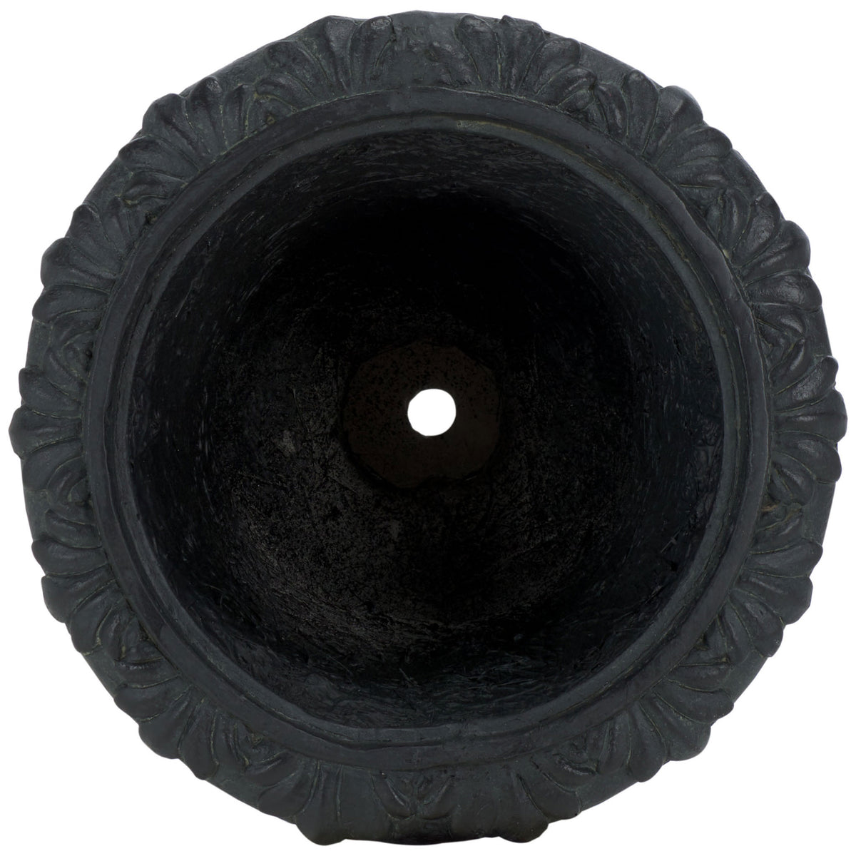 The black planter's roomy bowl has a drainage opening and an ornate foliage-relief rim. || PAT5037E || top_studio