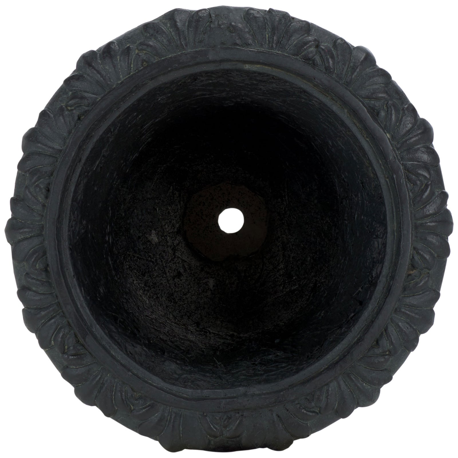 The black planter's roomy bowl has a drainage opening and an ornate foliage-relief rim. || PAT5037E || top_studio