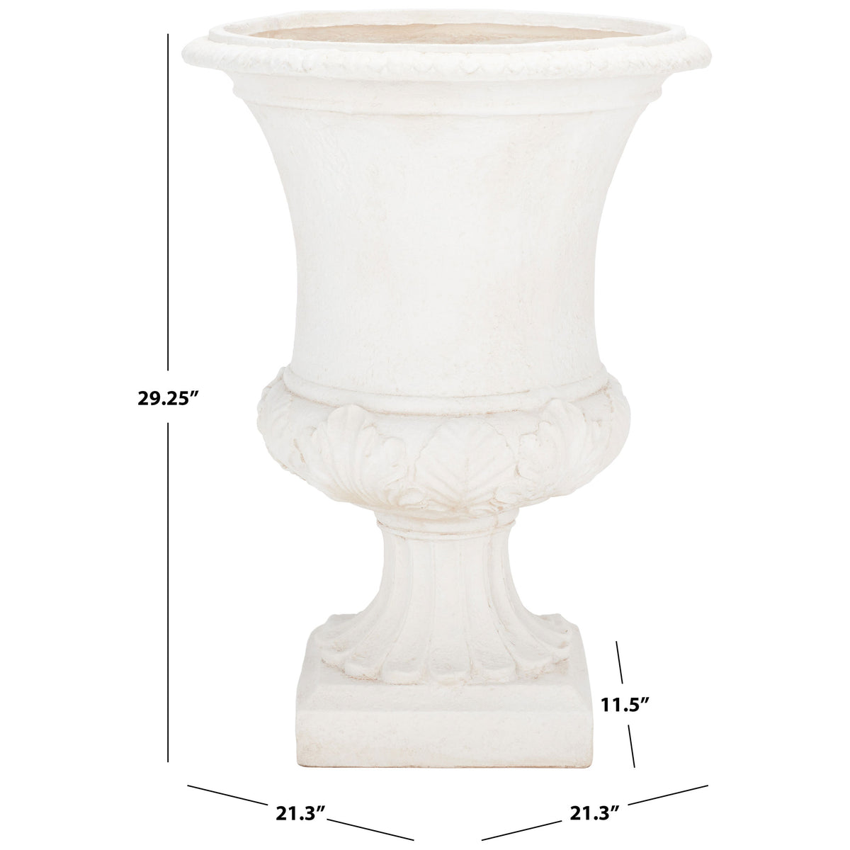 The off-white urn planter stands 29.25 inches tall, with a 21.3-inch-wide rim above a square base. || PAT5038A || dimension_studio