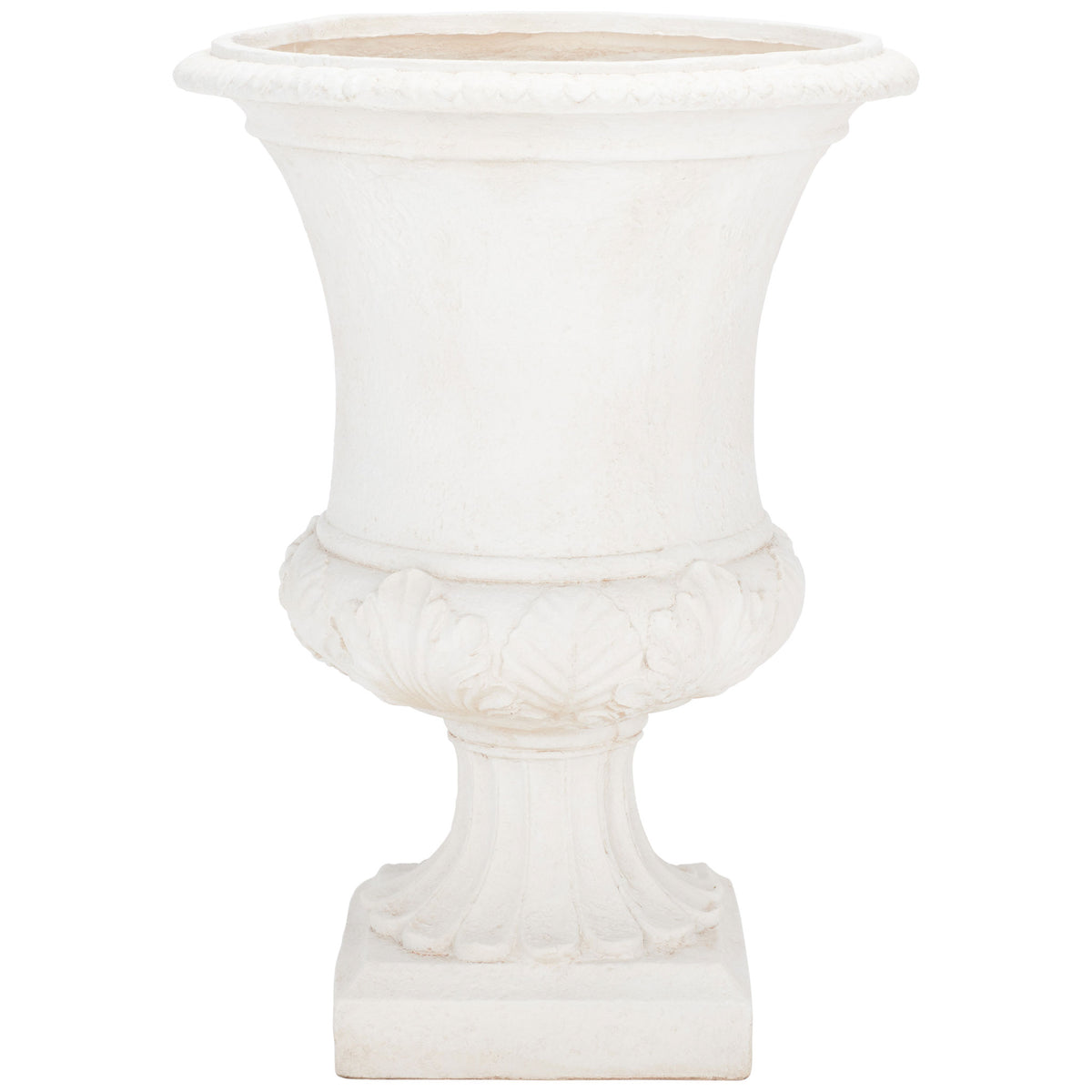 An off-white urn planter features a flared rim, carved foliage and a graceful fluted pedestal. || PAT5038A || front_studio