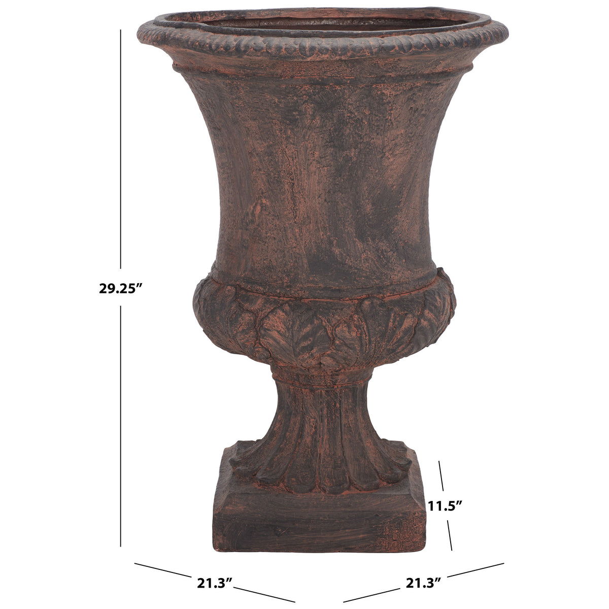 The brown urn planter stands 29.25 inches tall, with a 21.3-inch-wide rim above its square base. || PAT5038B || dimension_studio