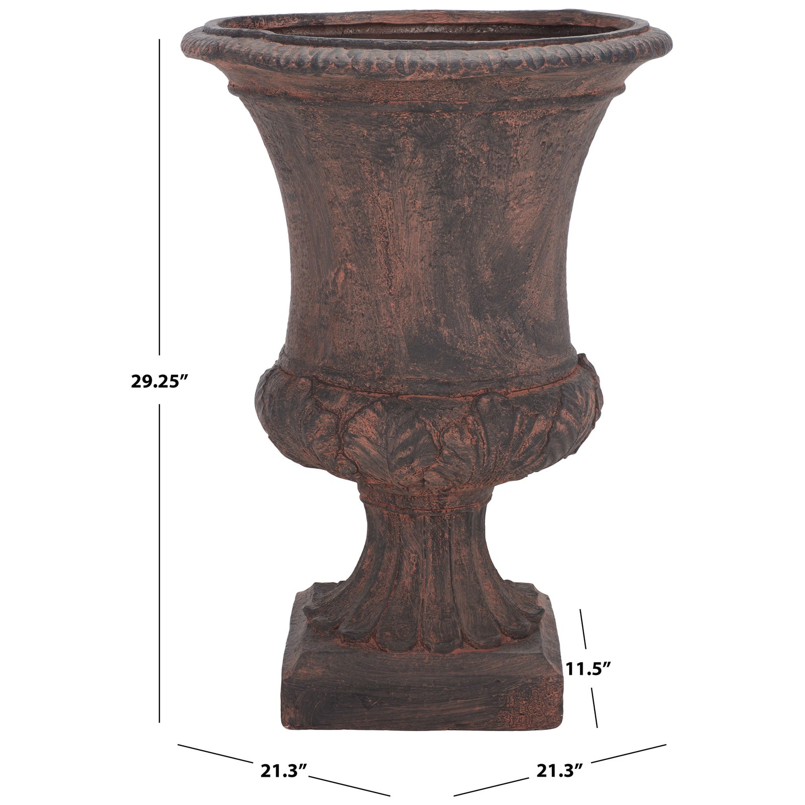 The brown urn planter stands 29.25 inches tall, with a 21.3-inch-wide rim above its square base. || PAT5038B || dimension_studio