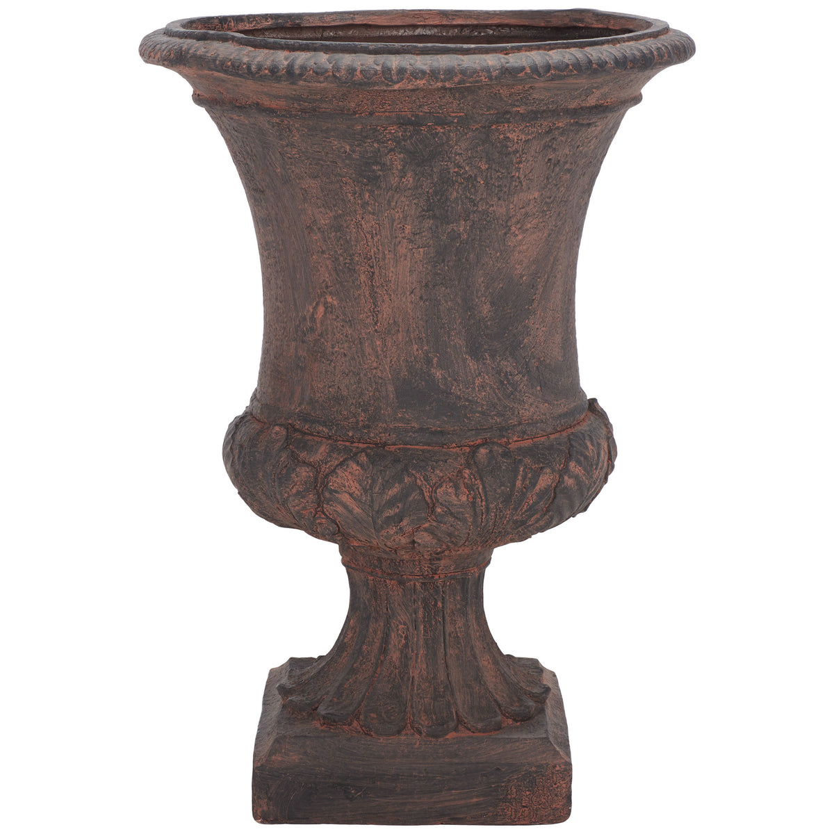 An antiqued brown urn planter combines a flared rim, leafy relief and a fluted pedestal. || PAT5038B || front_studio