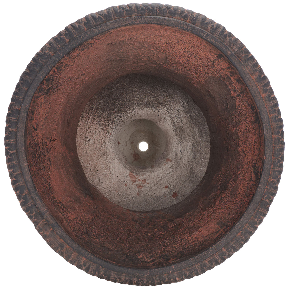 A broad brown basin with a raised rim reveals a deep interior and central drainage hole. || PAT5038B || top_studio