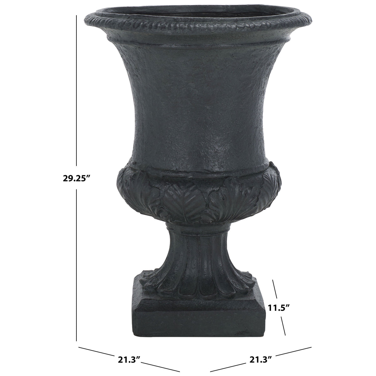 The black urn planter stands 29.25 inches tall, with a 21.3-inch-wide rim and sculpted pedestal. || PAT5038E || dimension_studio