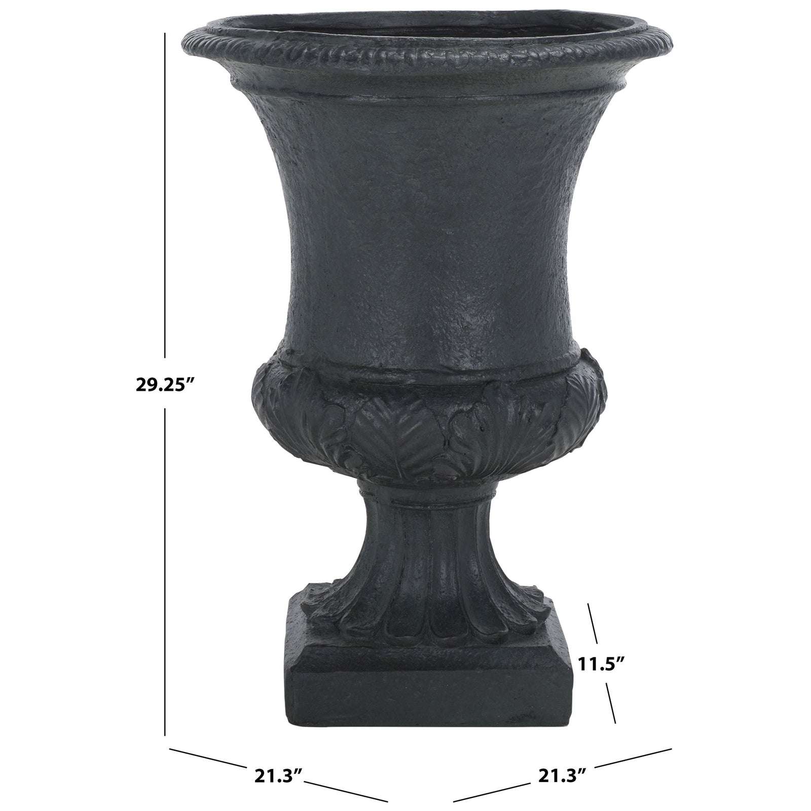 The black urn planter stands 29.25 inches tall, with a 21.3-inch-wide rim and sculpted pedestal. || PAT5038E || dimension_studio
