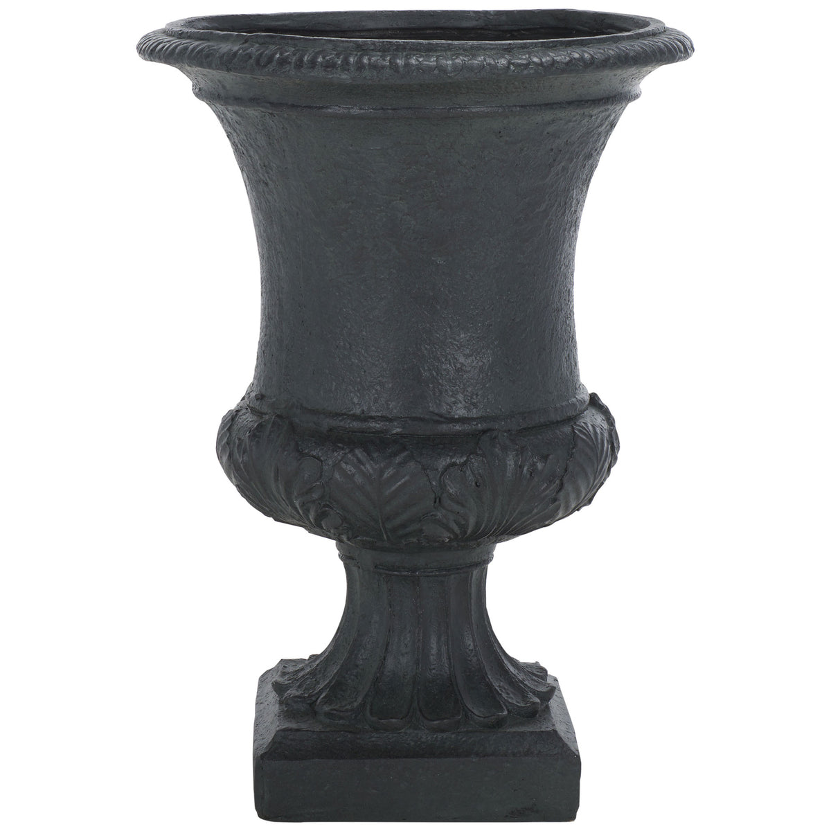 A black urn planter pairs a flared rim with leafy relief and a fluted pedestal. || PAT5038E || front_studio