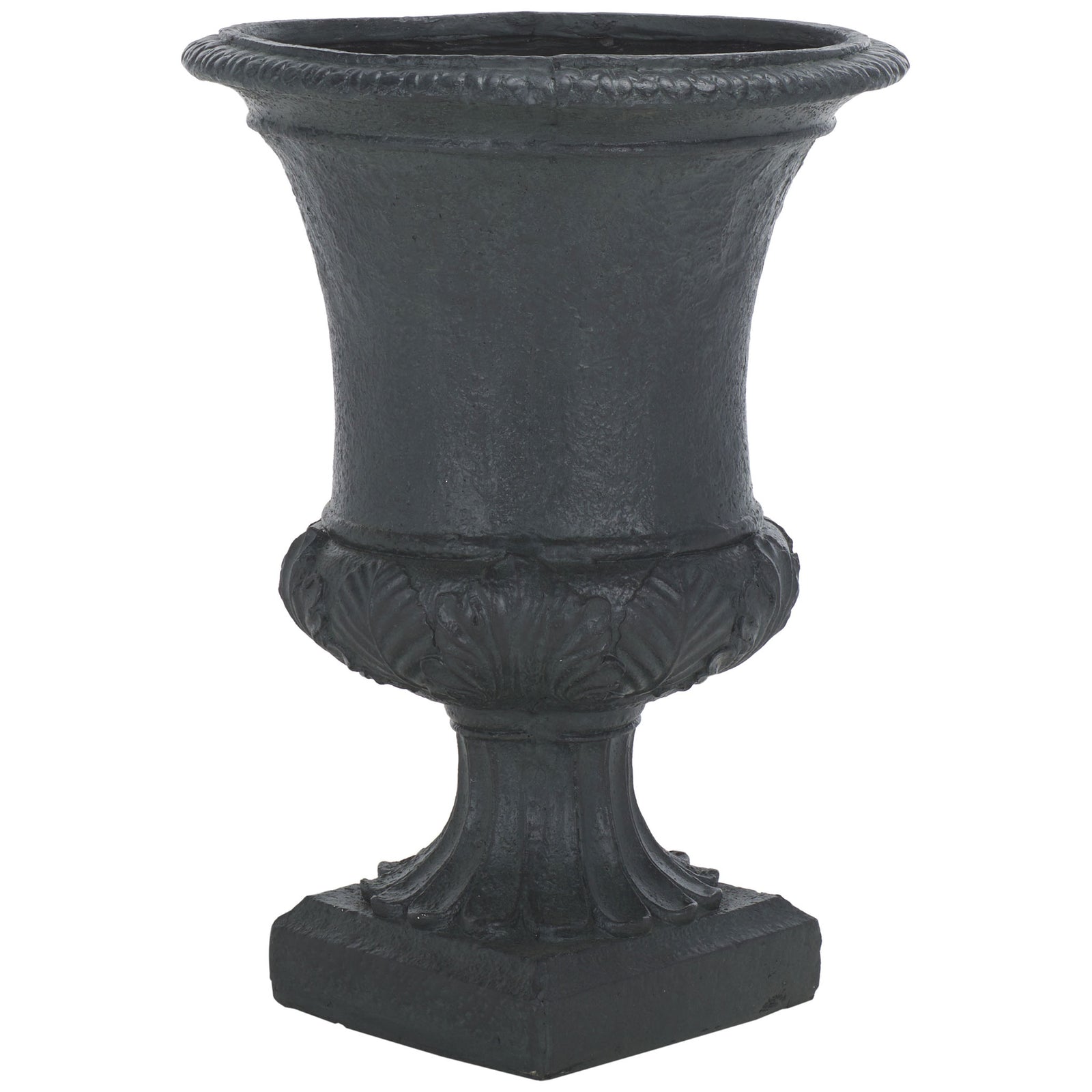 An antiqued black finish highlights the urn's curved silhouette, leafy detailing and square base. || PAT5038E || side_studio