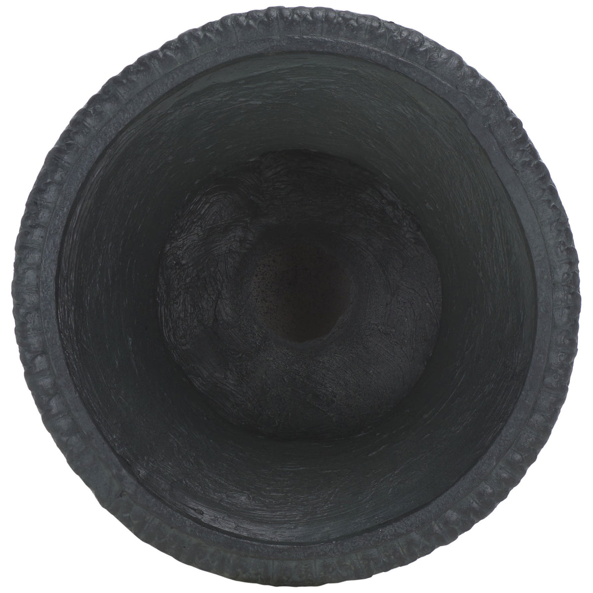 A wide, sculpted black rim surrounds the planter's deep, gently tapered basin. || PAT5038E || top_studio