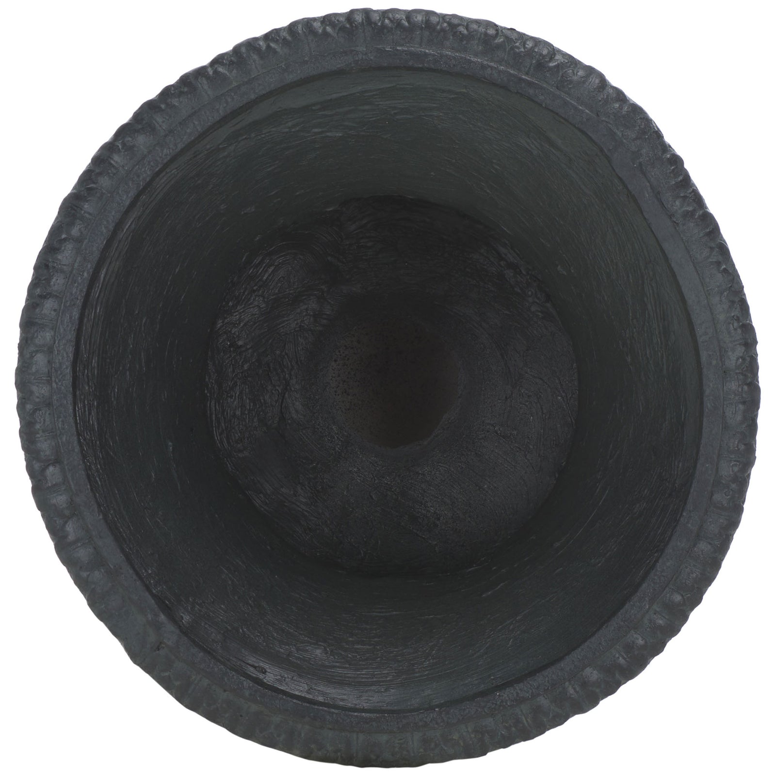 A wide, sculpted black rim surrounds the planter's deep, gently tapered basin. || PAT5038E || top_studio