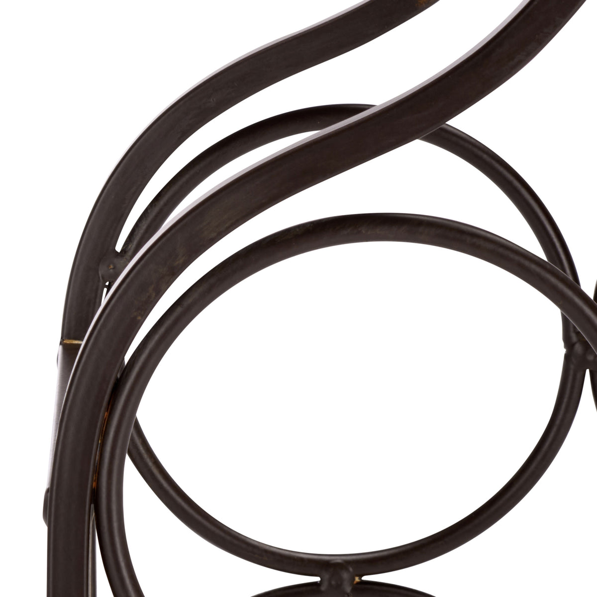 A deep brown iron loop cradles wine bottles below the holder's sweeping arches.