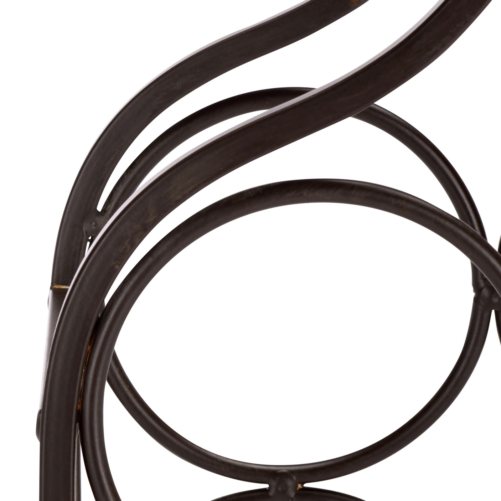 A deep brown iron loop cradles wine bottles below the holder's sweeping arches. || PAT5041B || storage_studio