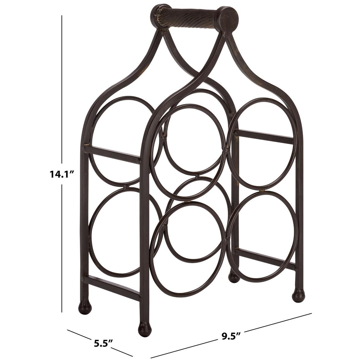 Brown iron wine rack measures 9.5 inches wide, 5.5 inches deep, and 14.1 inches high.