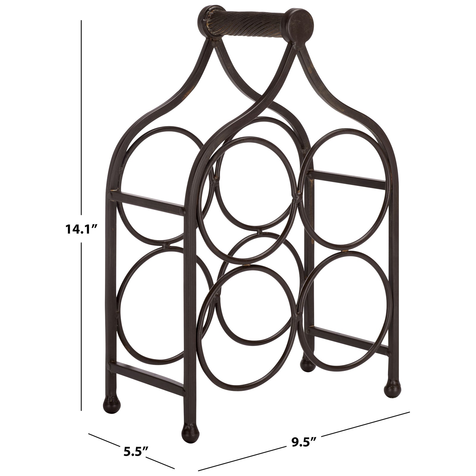 Brown iron wine rack measures 9.5 inches wide, 5.5 inches deep, and 14.1 inches high. || PAT5041B || dimension_studio