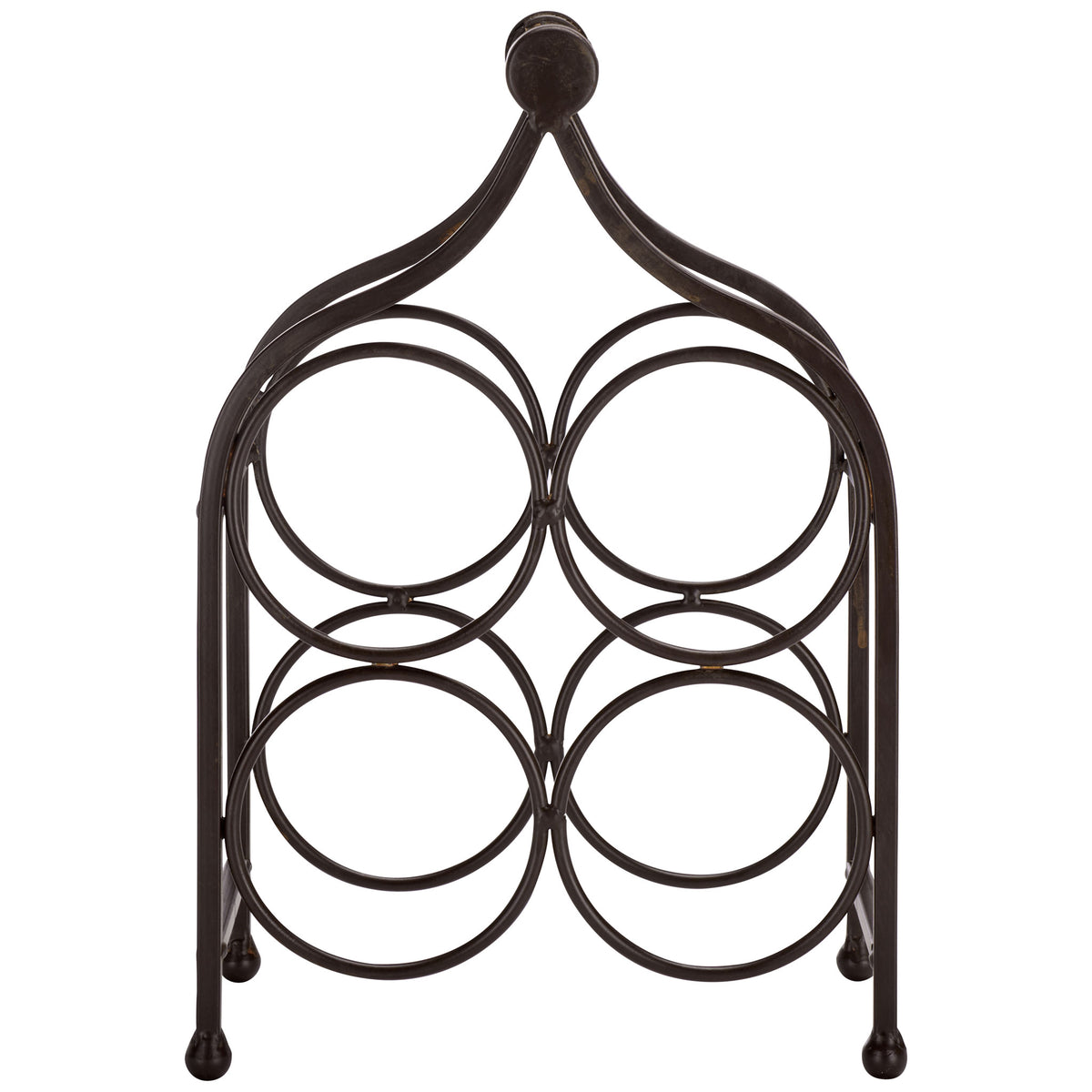 Four rounded bottle slots give this brown iron holder a balanced, open design. || PAT5041B || front_studio