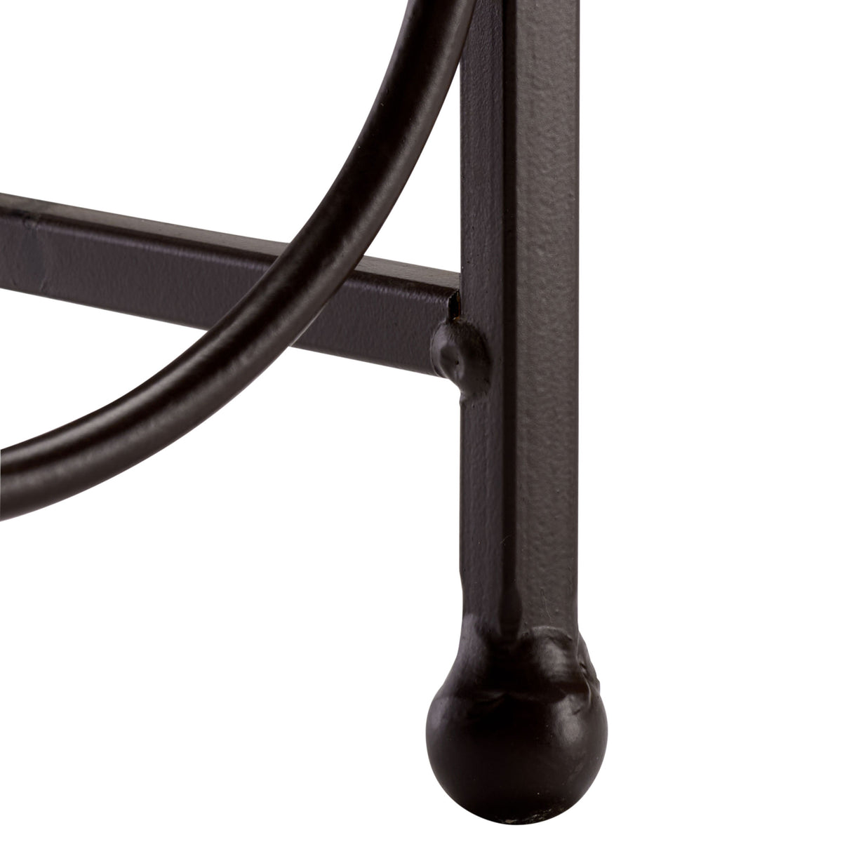 A rounded brown iron foot lends stability to the airy wine rack frame.