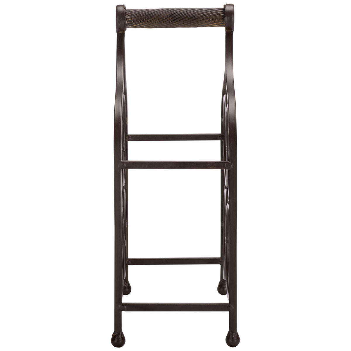 Narrow brown iron sides and crossbars offer compact wine bottle storage. || PAT5041B || side_studio