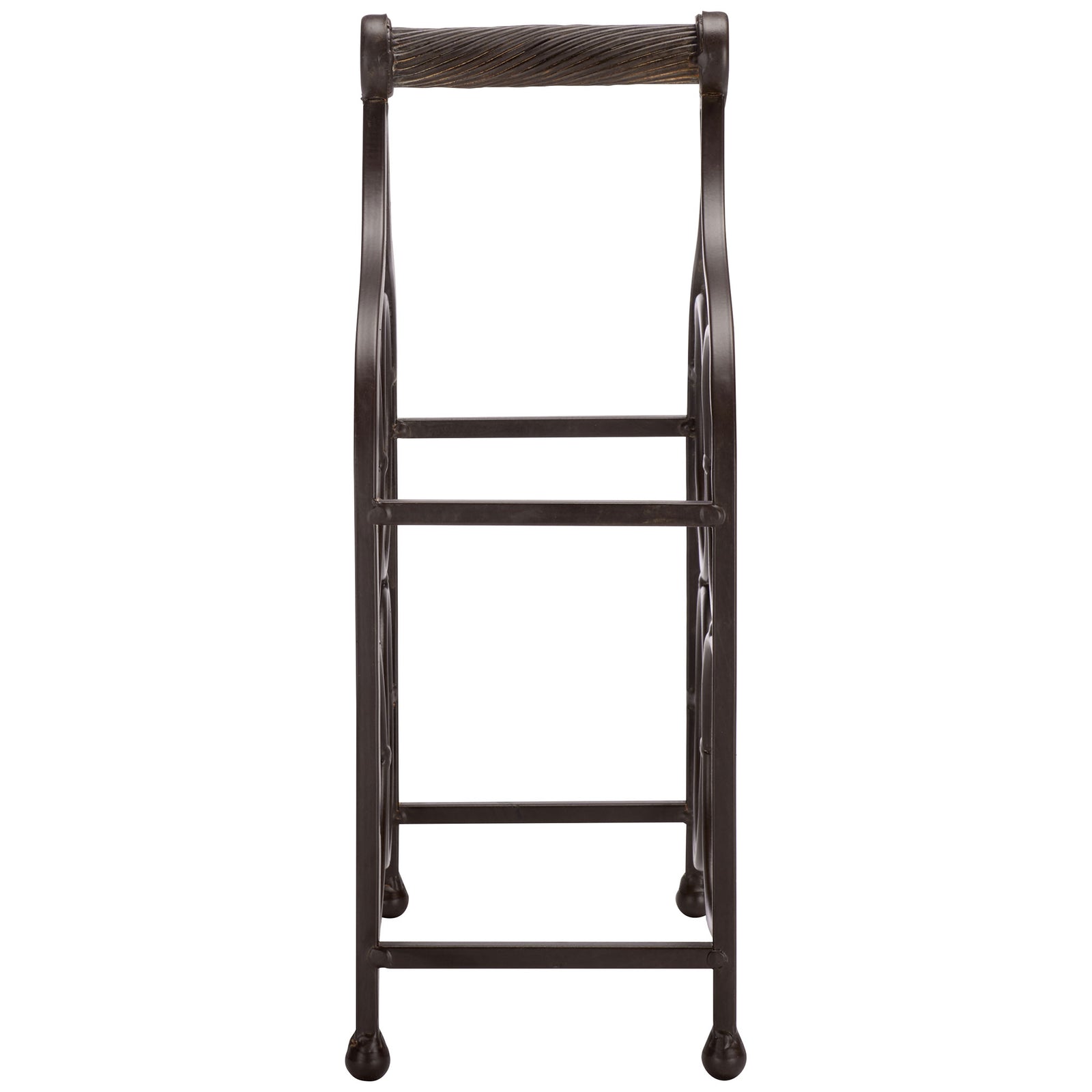 Narrow brown iron sides and crossbars offer compact wine bottle storage. || PAT5041B || side_studio