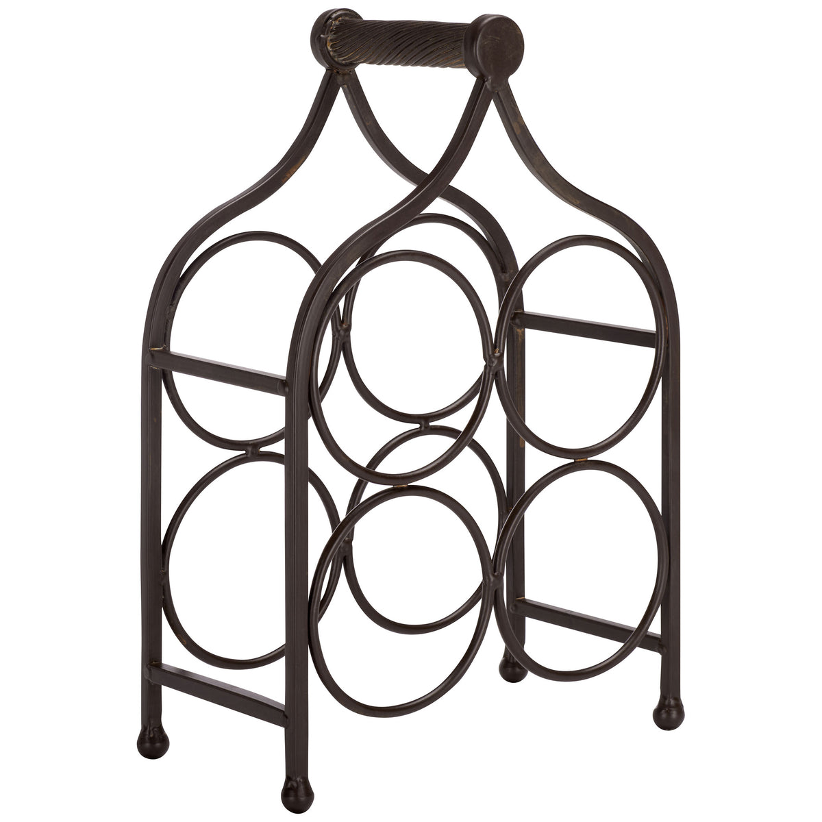 Curving brown iron supports bring sculptural style to a four-bottle holder. || PAT5041B || front_angle_studio