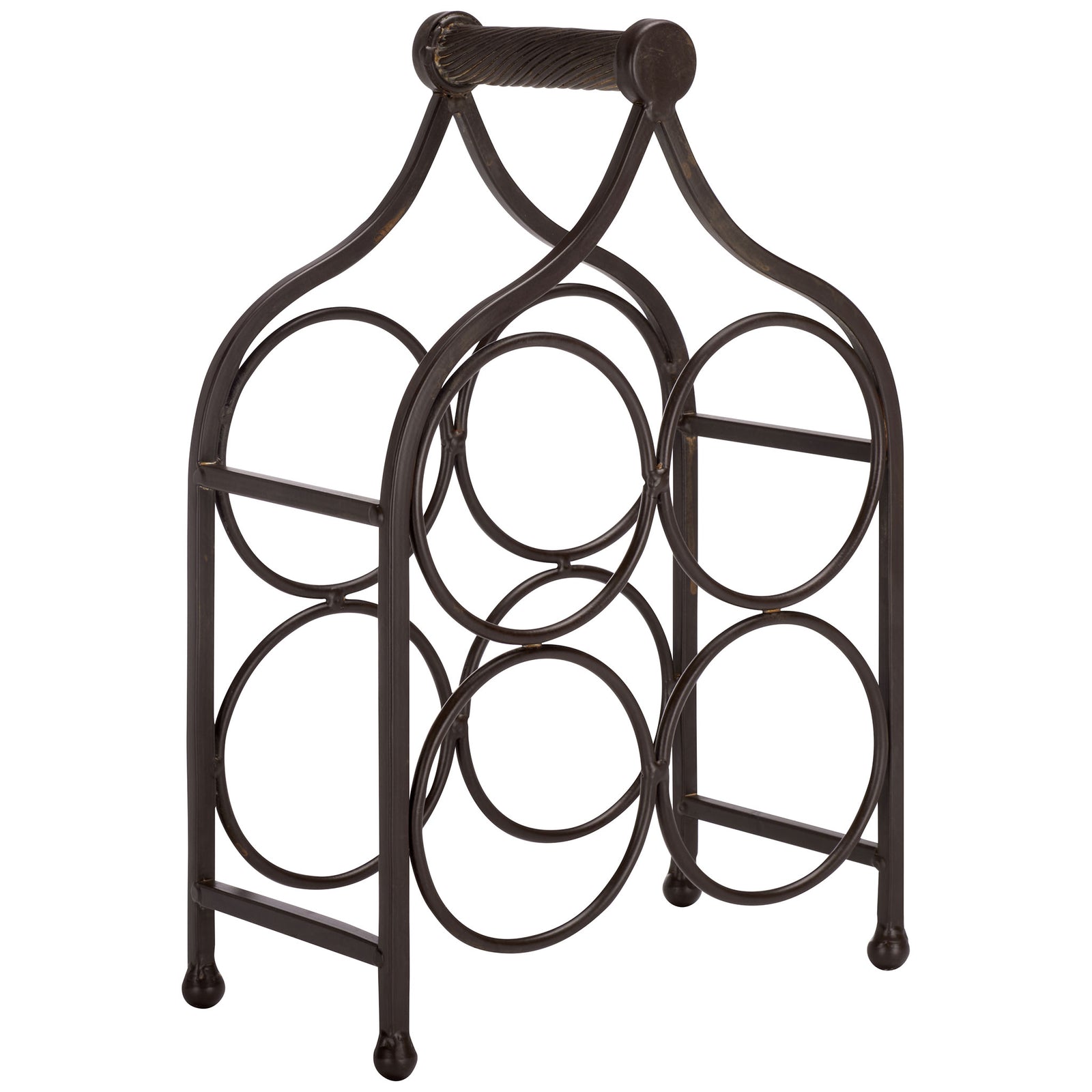 Curving brown iron supports bring sculptural style to a four-bottle holder. || PAT5041B || front_angle_studio