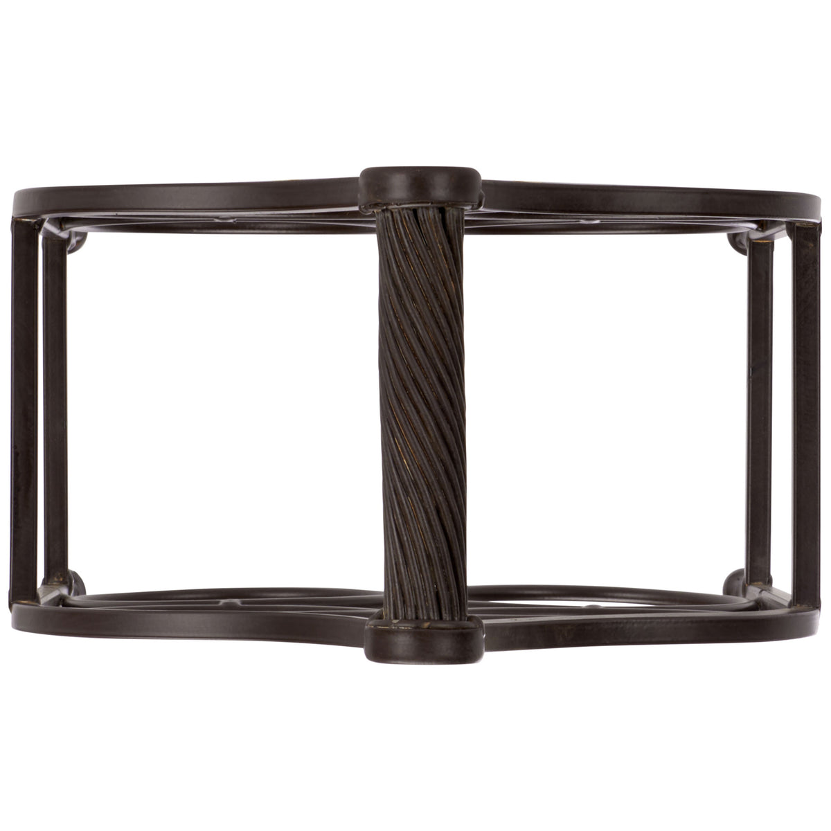 A twisted iron grip bridges the brown rack's gently curved side rails. || PAT5041B || top_studio