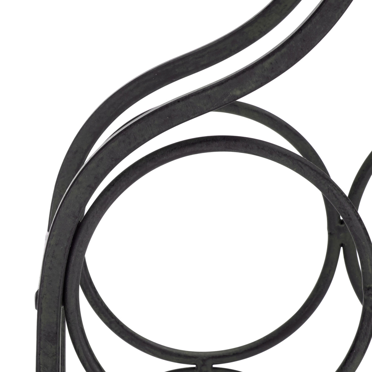A circular black iron cradle holds bottles securely beneath graceful curved supports. || PAT5041E || storage_studio