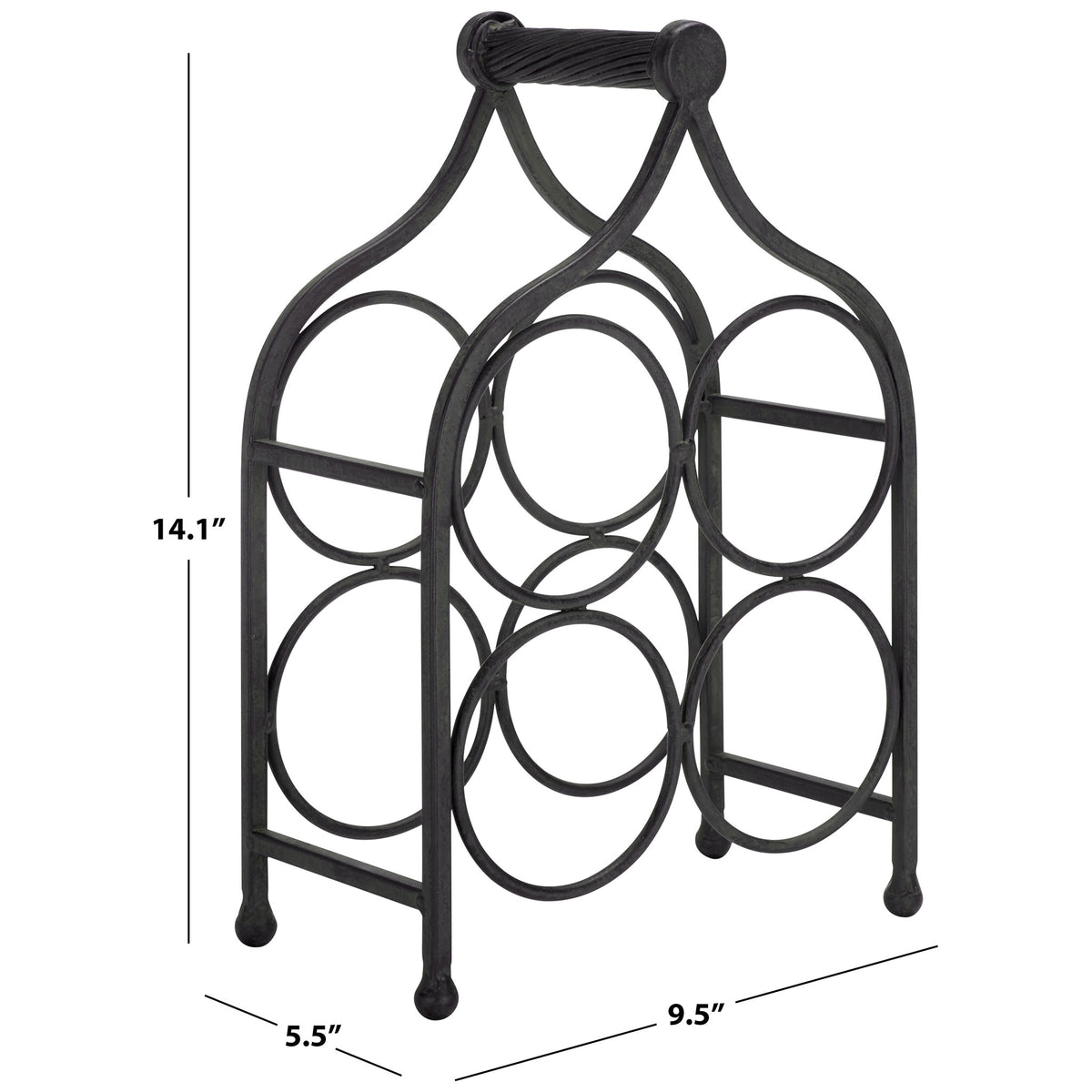 Black iron wine rack measures 9.5 inches wide, 5.5 inches deep, and 14.1 inches high. || PAT5041E || dimension_studio
