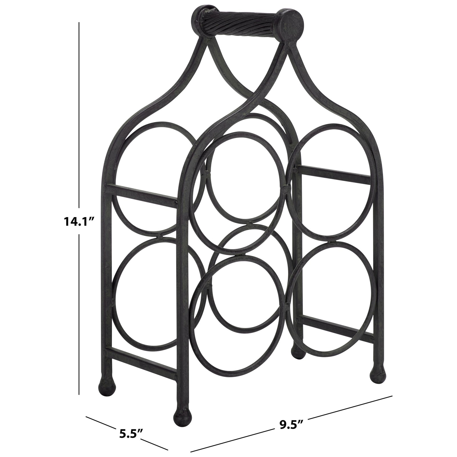 Black iron wine rack measures 9.5 inches wide, 5.5 inches deep, and 14.1 inches high. || PAT5041E || dimension_studio