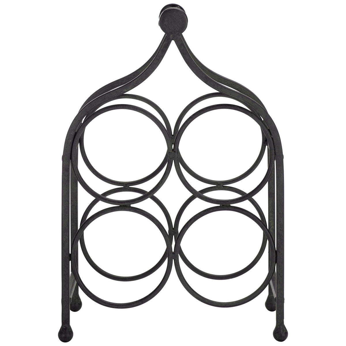 Four circular bottle cradles bring balance to this sculpted black iron holder. || PAT5041E || front_studio