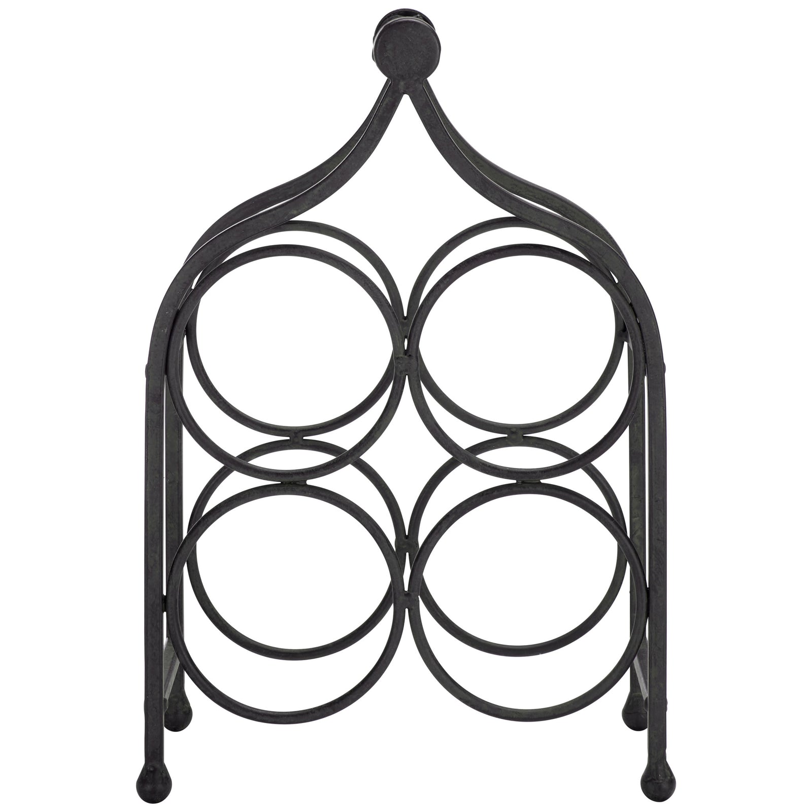 Four circular bottle cradles bring balance to this sculpted black iron holder. || PAT5041E || front_studio