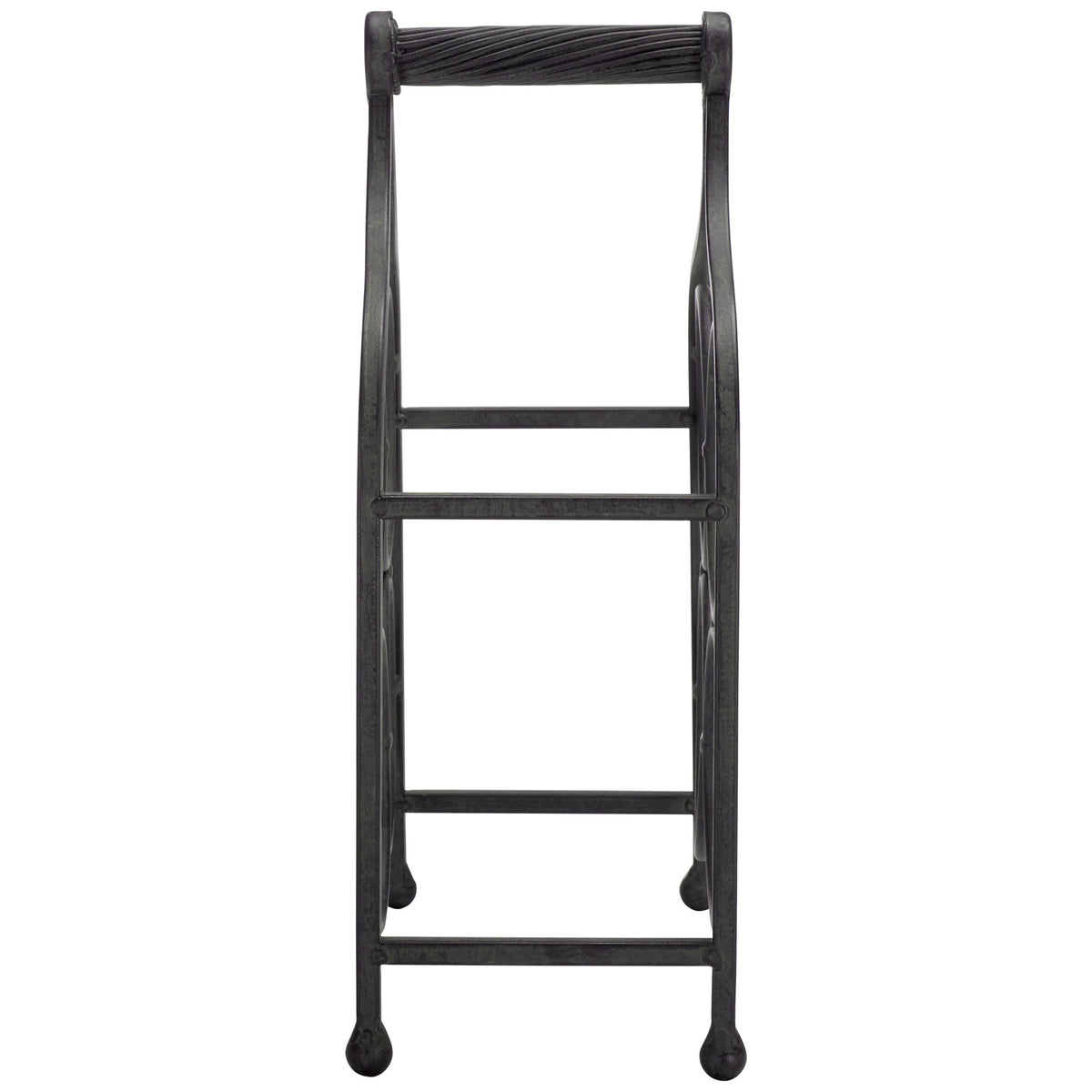 A slim black iron frame and sturdy crossbars keep four bottles organized. || PAT5041E || side_studio